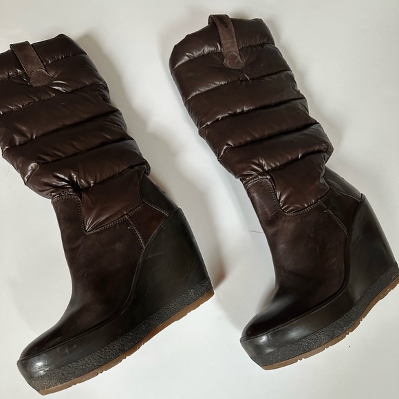 GUC MONCLER BROWN LEATHER DOWN QUILTED NYLON SHAFT TALL SIZE 39 WEDGE PUFF BOOTS - Picture 5 of 15